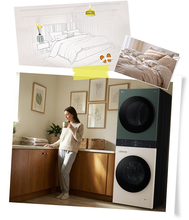 Egy nő frissíti az ágyneműt egy LG mosógéppel egy nyugodt hétvégi rutin részeként.