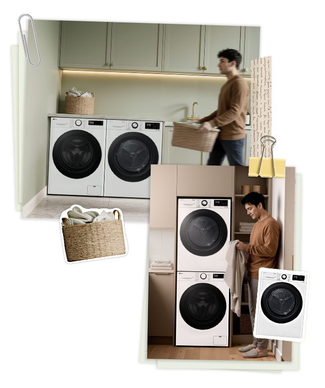 Egy kollázs-stílusú kép, ahol egy férfi készíti elő a ruhákat, a mosógépek és szárítók egymásra és egymás mellé vannak telepítve.	
