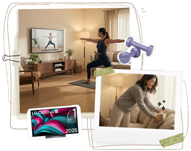 Egy kollázs-stílusú kép, ahol egy nő jógaszőnyegen edz, a TV edzésvideót mutat, és fitness matricák láthatók.