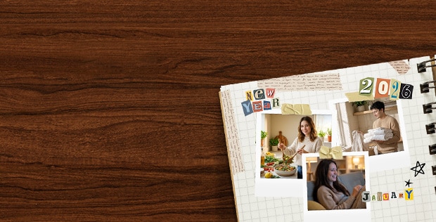 Egy barna íróasztalon lévő napló, amelyen újévi dekorációk kollázsa és fényképek emberekről, akik LG készülékeket használnak.	