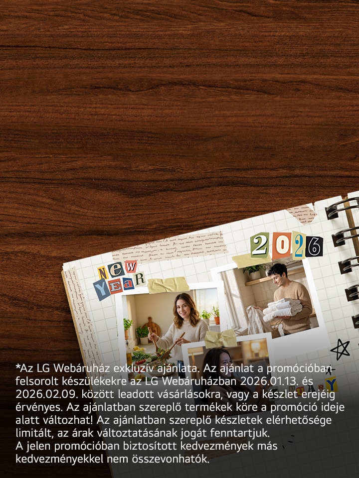 Egy barna íróasztalon lévő napló, amelyen újévi dekorációk kollázsa és fényképek emberekről, akik LG készülékeket használnak.	