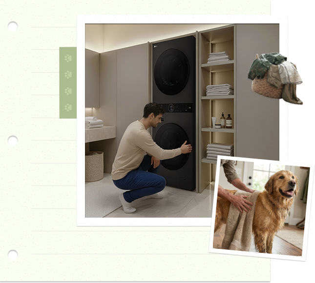 Egy férfi ruhát pakol be egy mosógépbe, miközben egy golden retriever áll a közelben egy otthonban.	