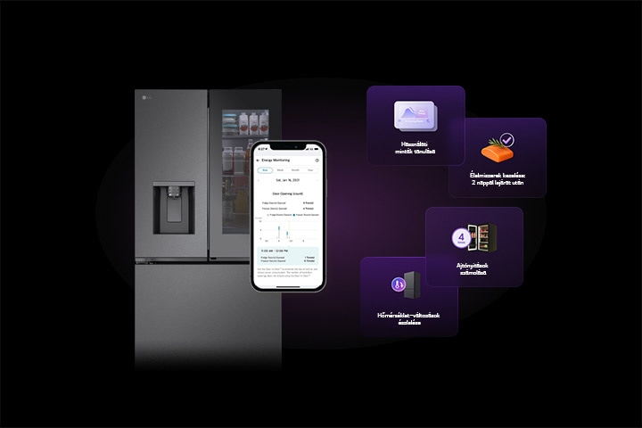 AI Core-Tech illusztráció LG hűtővel, amint a ThinQ elemzi annak használati adatait, fénylő digitális elemekkel.