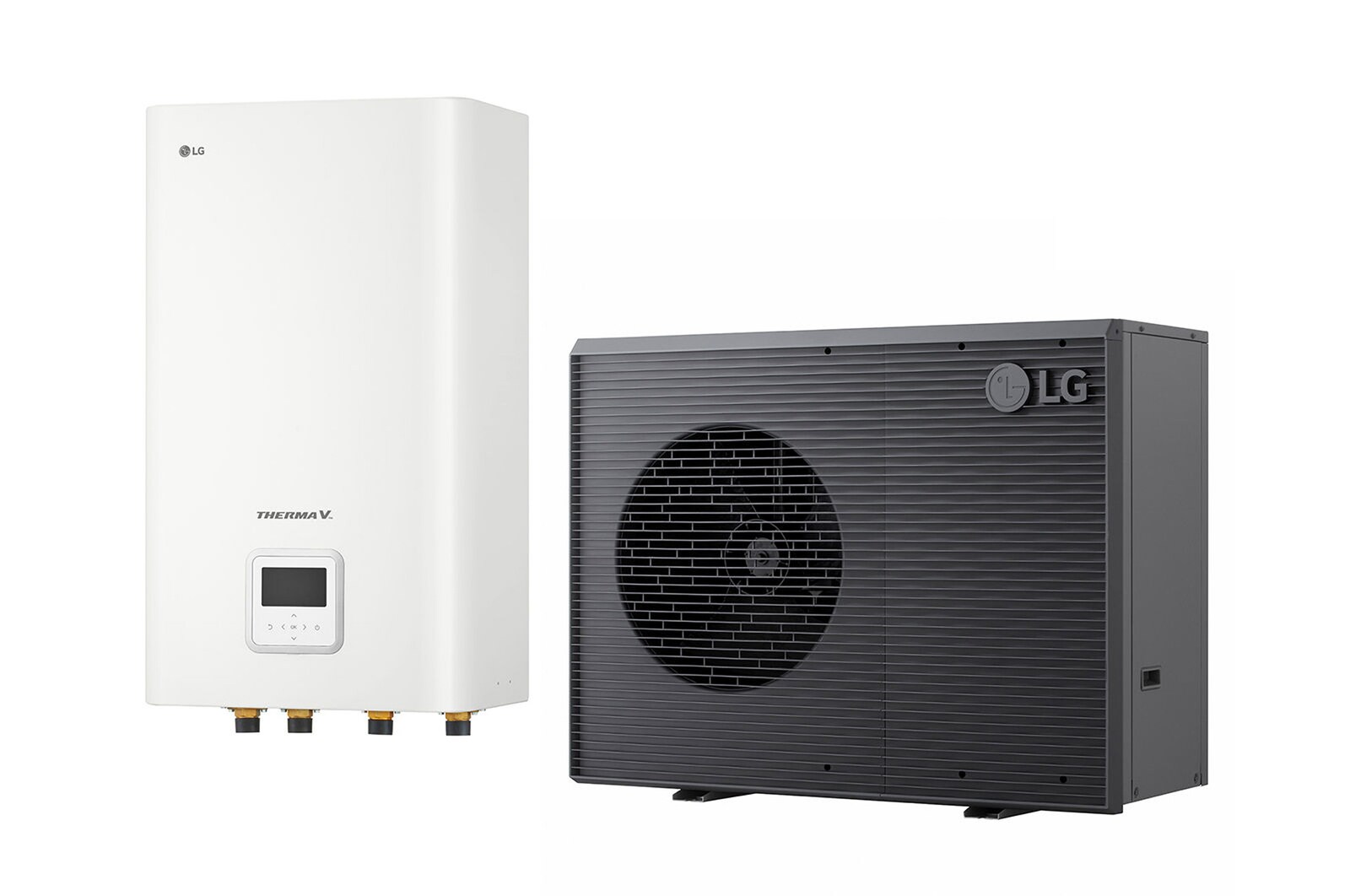 LG THERMA V levegő-víz hőszivattyú, fekete színű kültéri egység, szürke hullámos ráccsal díszítve