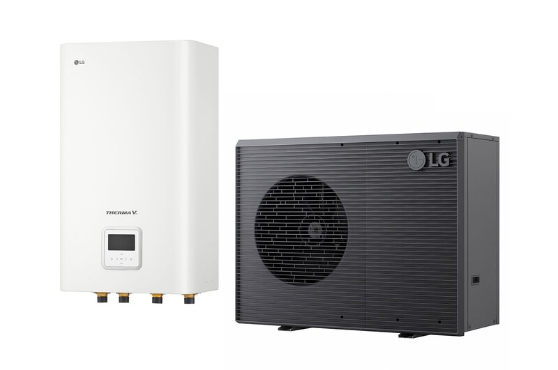 LG THERMA V levegő-víz hőszivattyú, fekete színű kültéri egység, szürke hullámos ráccsal díszítve