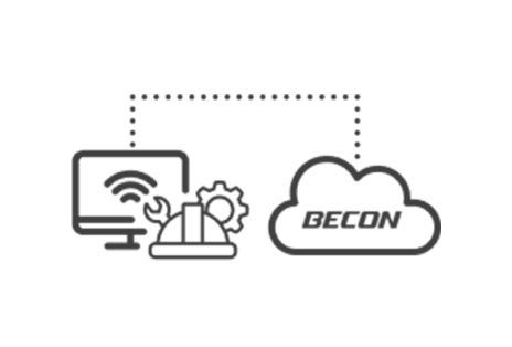 A monitor displaying a wifi icon on the left with gear icons in the front is connected to the LG BECON cloud icon on the right side with a grey dotted line. 	