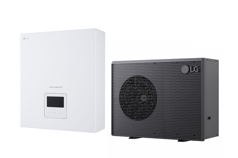 LG Air to Water Heat Pump THERMA V, black-colored outdoor unit designed with grey wavey grill	