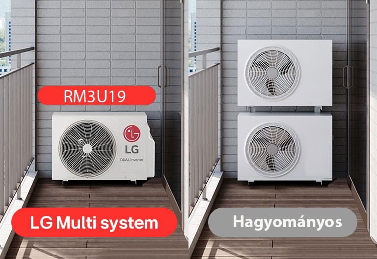 3 különálló kép az LG Multi system készülékkel és hagyományos termékekkel az erkélyen.