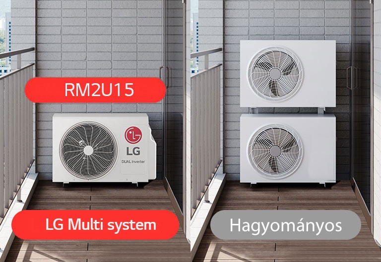 3 különálló kép az LG Multi system készülékkel és hagyományos termékekkel az erkélyen.