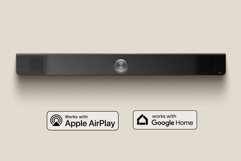 Egy LG Soundbar térbeli felülnézete. Apple AirPlay logó Google Home logó