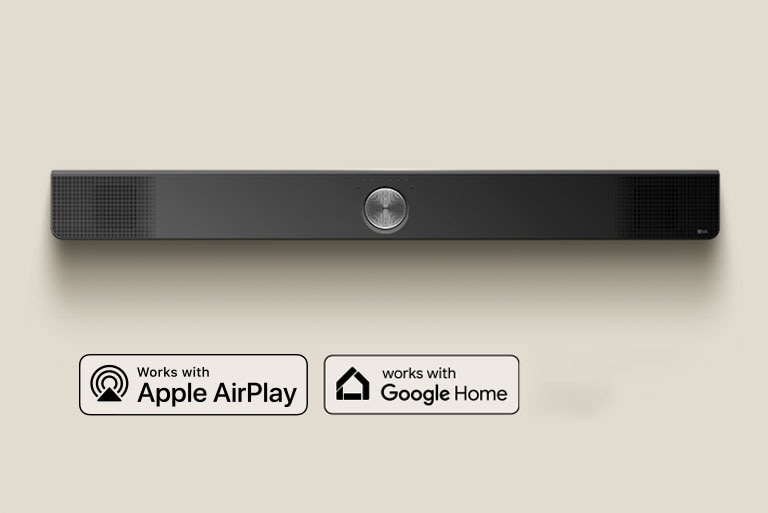 Egy LG Soundbar térbeli felülnézete.Apple AirPlay logo Google Home logo
