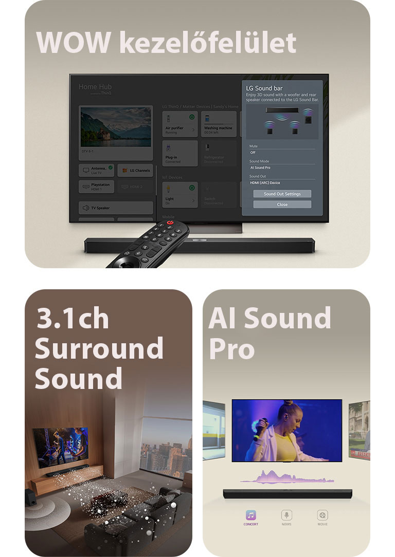 Az LG távirányító egy LG TV felé mutat, mely alatt LG Soundbar hangprojektor található. LG TV a WOW interfész menüt mutatja a képernyőn.  LG Soundbar, LG TV, hátsó hangszórók és mélyhangsugárzó egy nappaliban, ahol a képernyő egy zenei előadást jelenít meg. A hangprojektorból cseppekből álló, háromágú fehér hanghullámok vetítődnek ki, alulról pedig egy mélyhangsugárzó hoz létre hanghatást.  LG Soundbar három különböző TV-képernyővel felül. Az egyik egy filmet, a másik egy koncertet, a harmadik pedig egy hírműsort mutat. A hangprojektor alatt három ikon mutatja az egyes műfajokat.