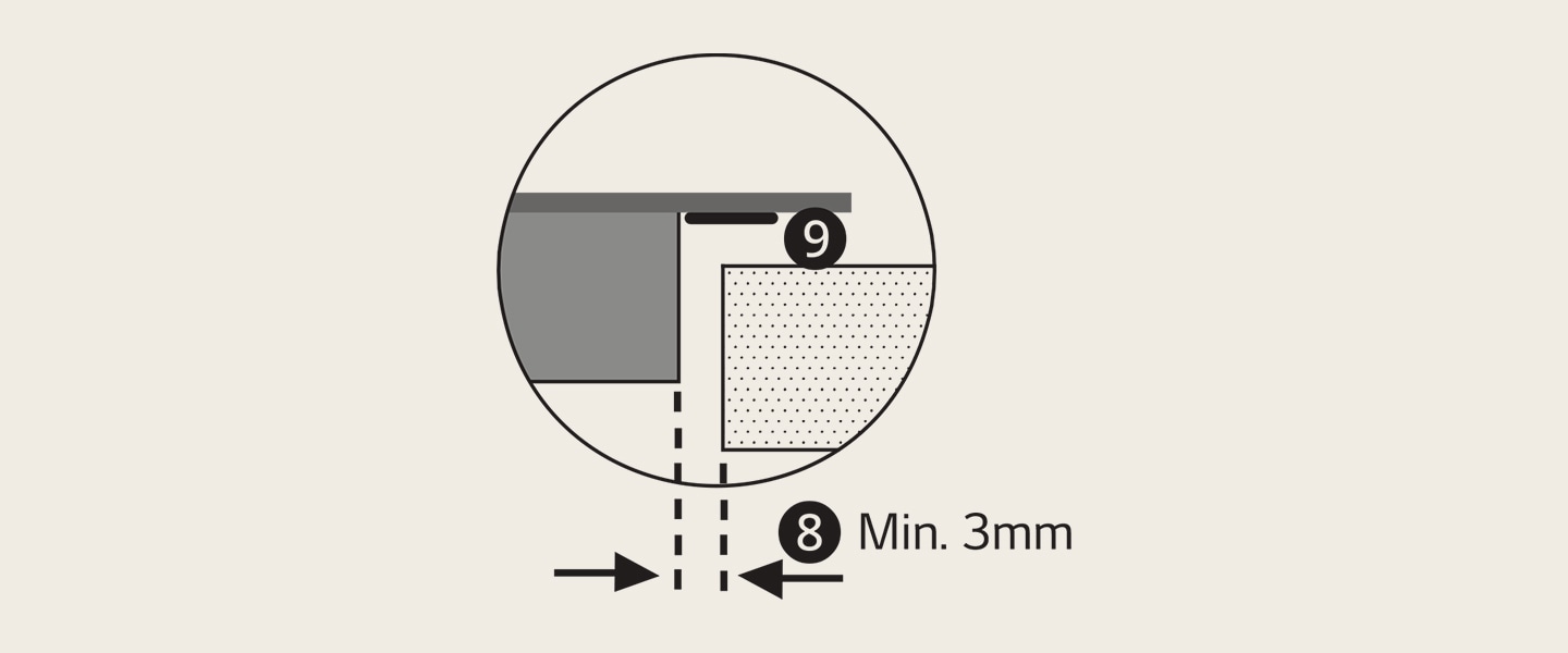Az indukciós főzőlap beépítéséhez szükséges oldalsó távolságot mutató kép.