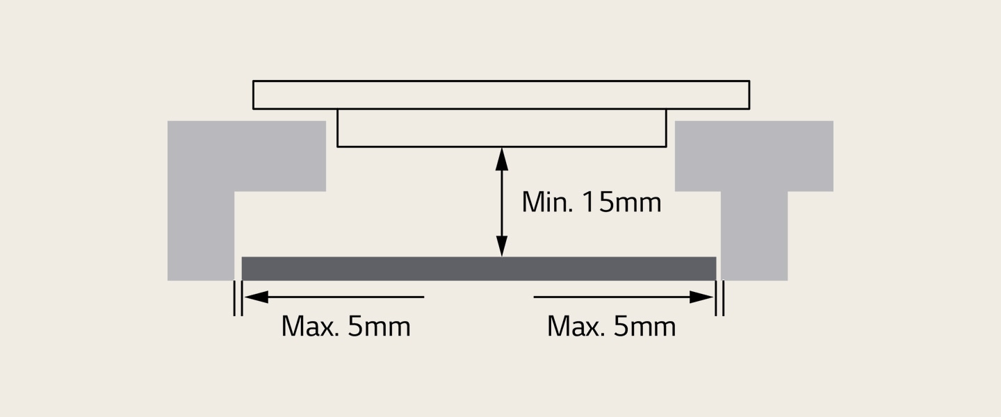 Az LG indukciós főzőlap beépítéséhez szükséges biztonsági távolságot mutató kép.