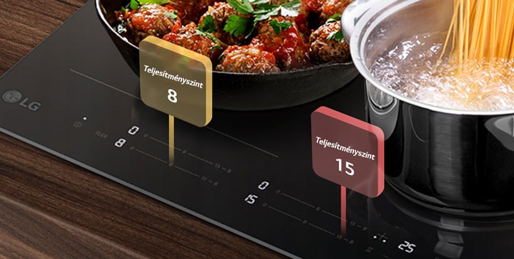 Különböző teljesítményszintekre állított főzőzónák az LG indukciós főzőlapon.
