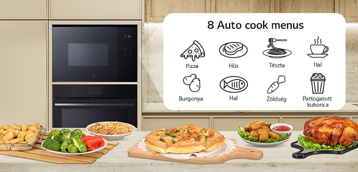 Az LG beépíthető mikrohullámú sütő automatikus ételkészítési funkciójával elkészítehő 8 ételkategória ikonja.