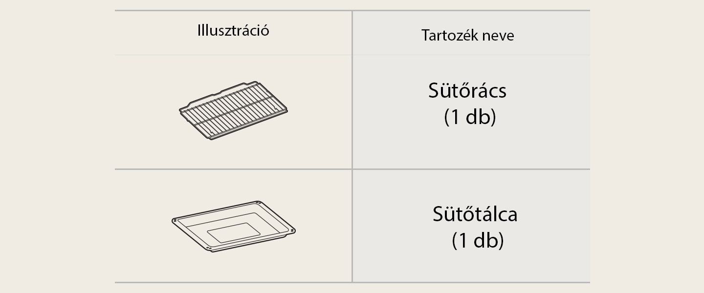 Az LG beépíthető sütő tartozékainak illusztrációja: sütőrács és sütőtálca