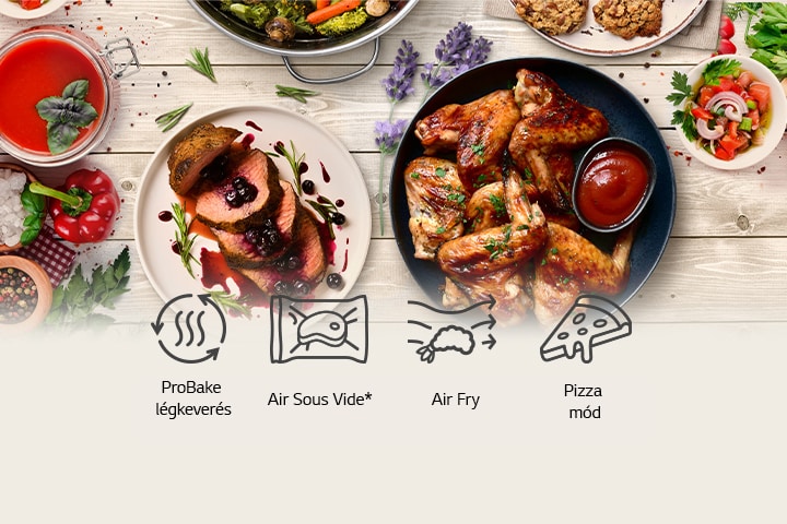 Ételválaszték asztalon. Az LG beépíthető sütő ProBake légkeverés, Air Sous Vide, Air Fry és Pizza mód ikonjai megjelenítve.