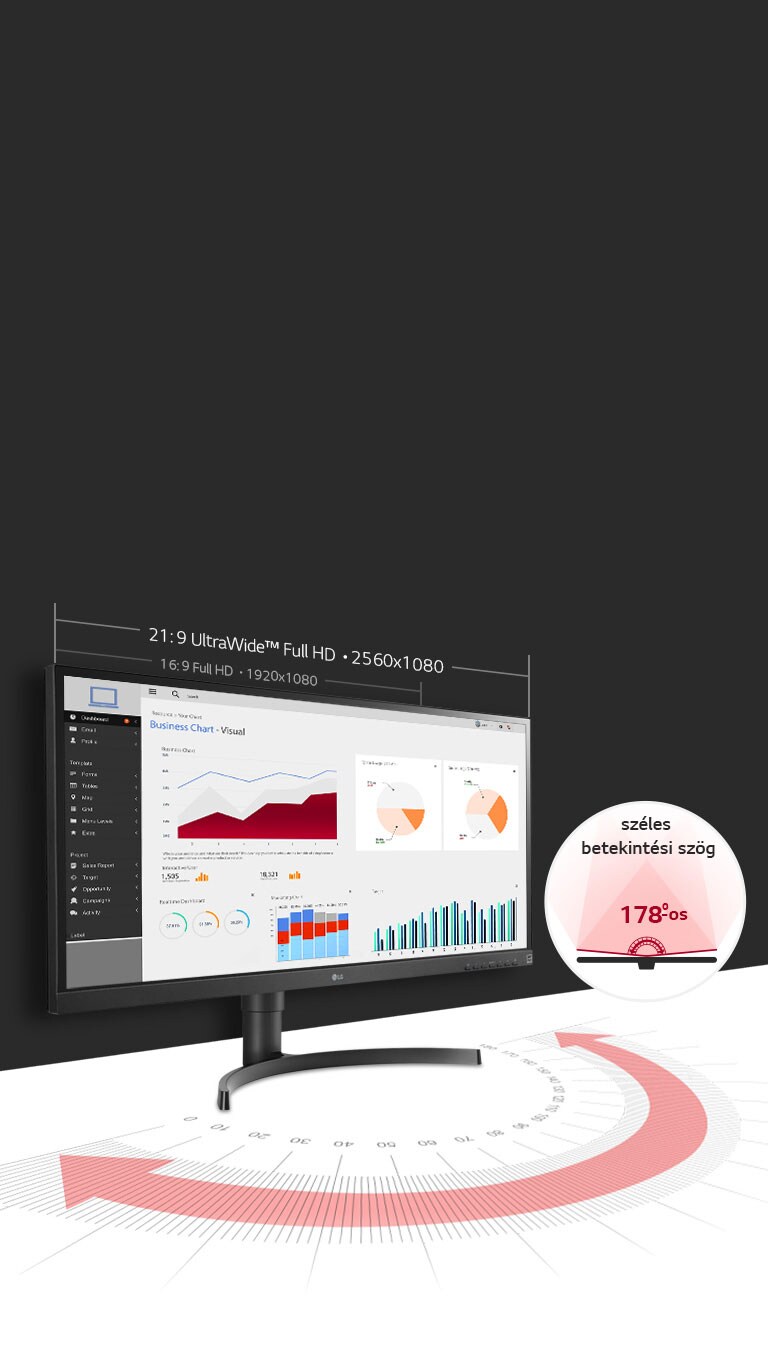 Az IPS-technológiának köszönhetően az LG monitora 178̊-os széles betekintési szöget kínál A 21:9 képarányú UltraWide™ Full HD felbontás (2560x1080) emellett 33%-kal több helyet kínál a képernyőn, mint a 16:9 Full HD felbontású kijelzők.
