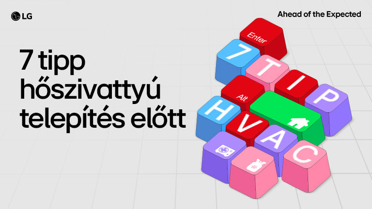 LG hőszivattyú-telepítési tippek – billentyűzet-ikonokkal és HVAC-ikon, valamint cselekvésre ösztönző üzenettel