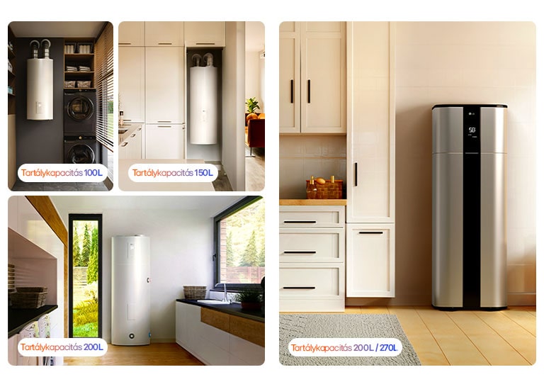 LG hőszivattyús vízmelegítők otthoni környezetben, négy méretben bemutatva: 100 L, 150 L, 200 L és 200/270 L hibrid.