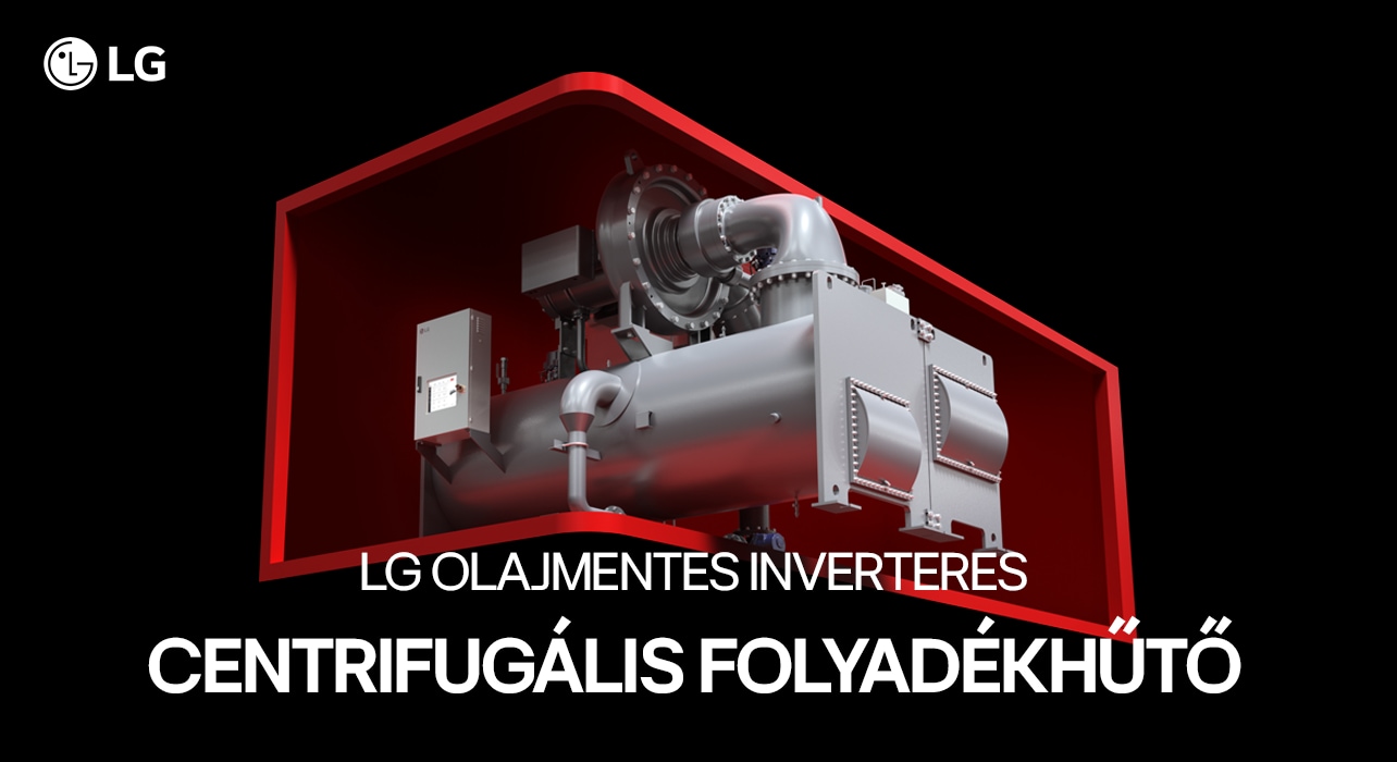 LG olajmentes inverteres centrifugális folyadékhűtő, piros keretben, LG logóval.