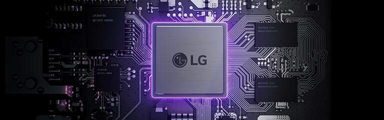 Kép egy LG AI chipről, amelyen sűrűn elrendezett alkatrészek és áramköri elemek láthatók.