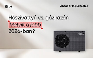 LG HVAC blog borító, amely összehasonlító szemléletben mutatja be a hőszivattyú és a gázkazán közötti választást.