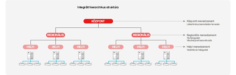 Egy hierarchikus diagram bemutatja, hogyan épül fel a központ, a regionális leányvállalatok és a helyi cégek szerkezete.