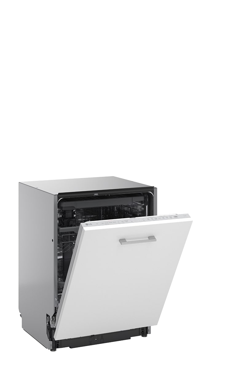 A képen egy mosogatógép látható nyitott ajtóval.