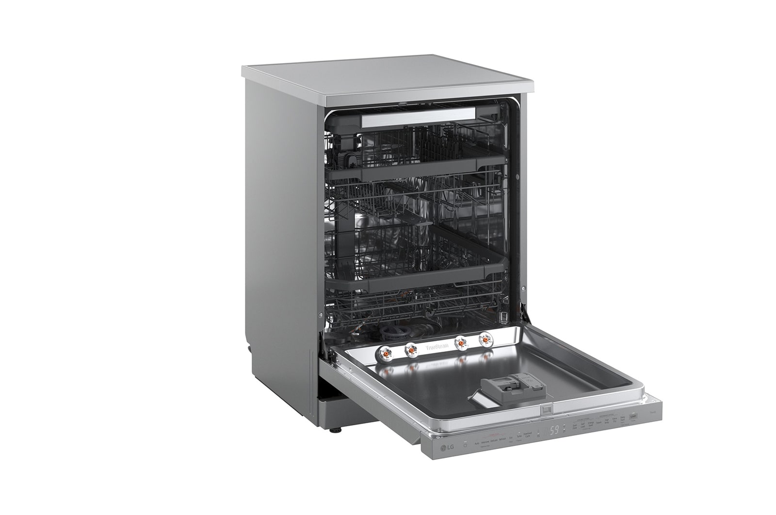 LG QuadWash™ gőzös mosogatógép TrueSteam™ technológiával, Automatikus ajtónyitás, 14 teríték, ThinQ™ WiFi funkció, DF375HVS