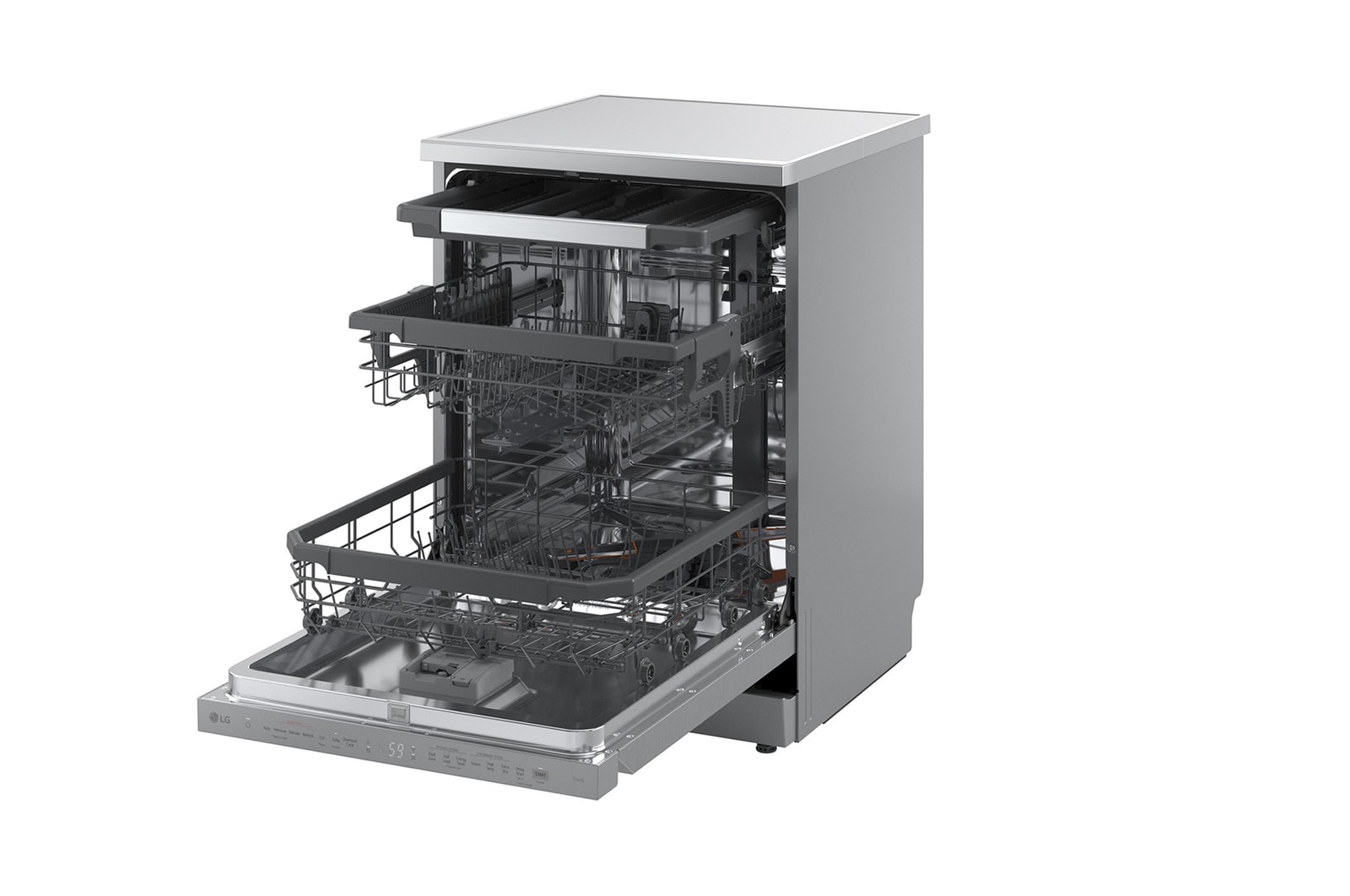 LG QuadWash™ gőzös mosogatógép TrueSteam™ technológiával, Automatikus ajtónyitás, 14 teríték, ThinQ™ WiFi funkció, DF375HVS