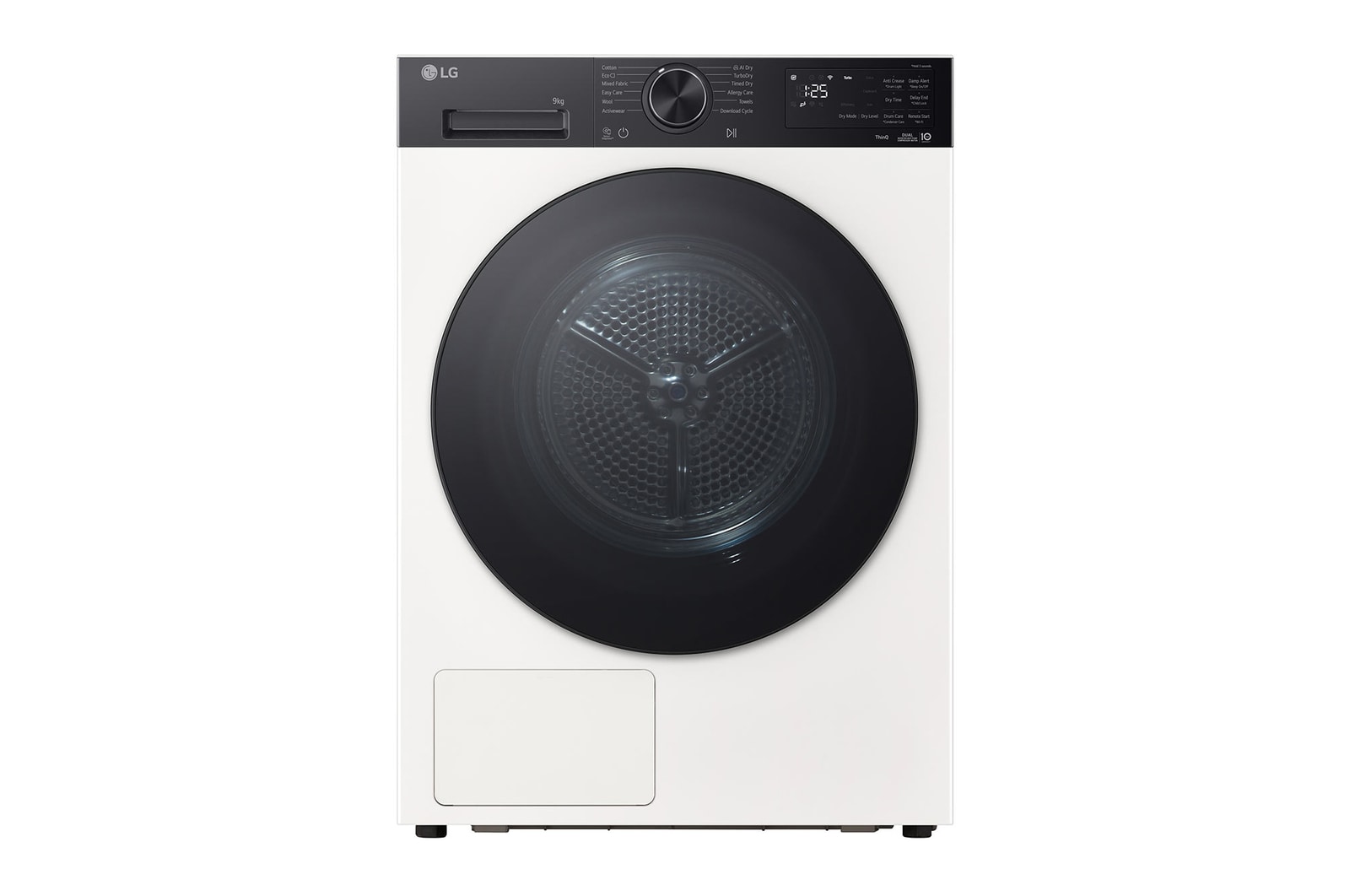 Front view of 9 kg, Eco Hybrid™ DUAL Inverter Hőszivattyús szárítógép, Automatikus kondenzátortisztítás és ThinQ™ WiFi funkció RHX5009THB
