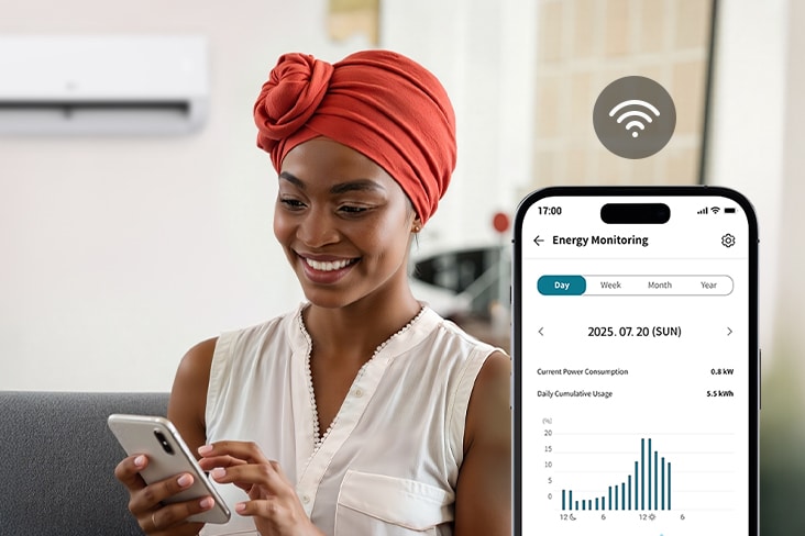A kép mutatja, a ThinQ app mindig rendelkezik az LG légkondicionálókkal kapcsolatos adatokkal, ami hatékony kezelést tesz lehetővé.