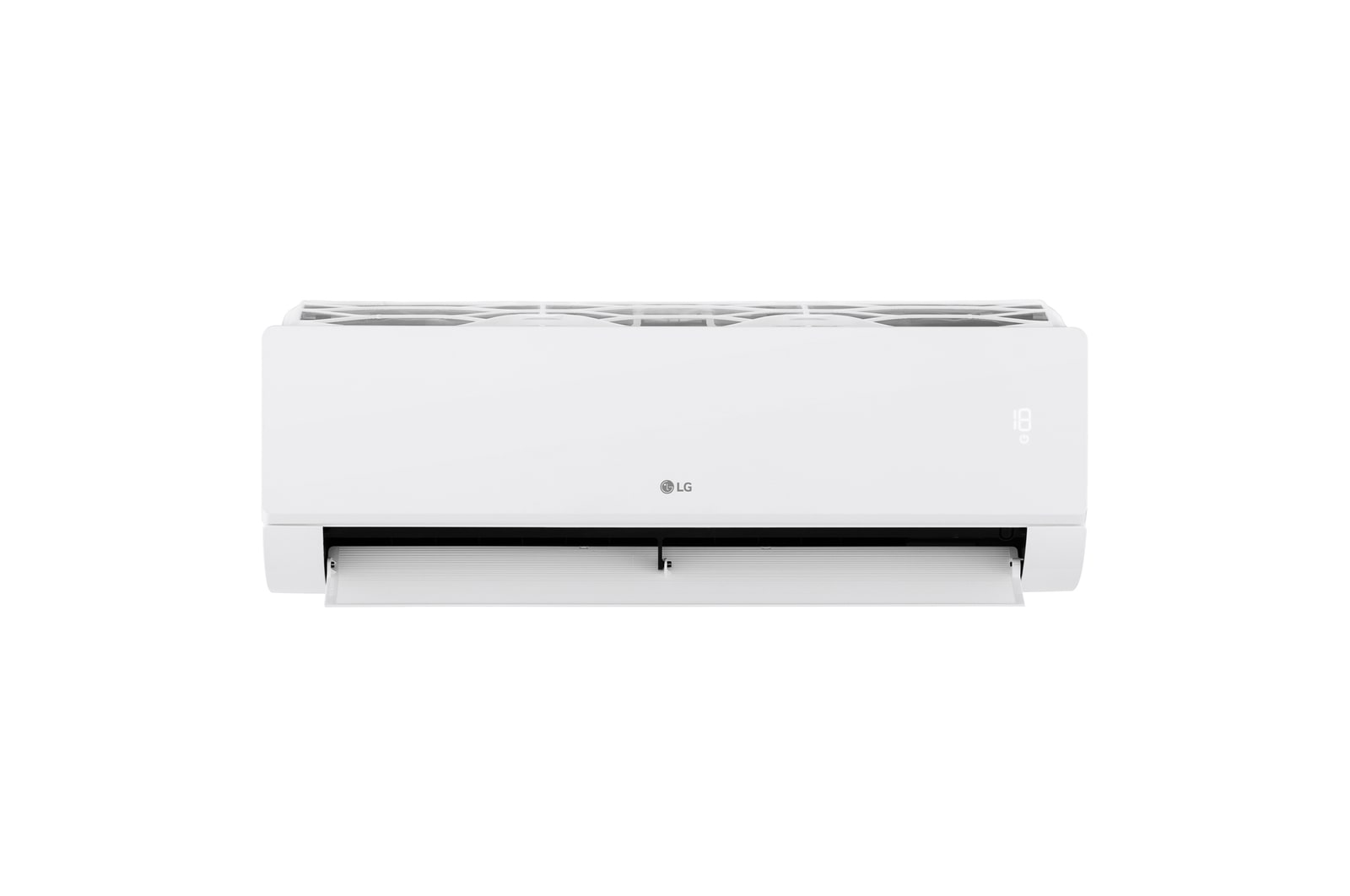 LG Libero Smart Dualcool Monosplit légkondicionáló elölnézete nyitott alsó lapáttal