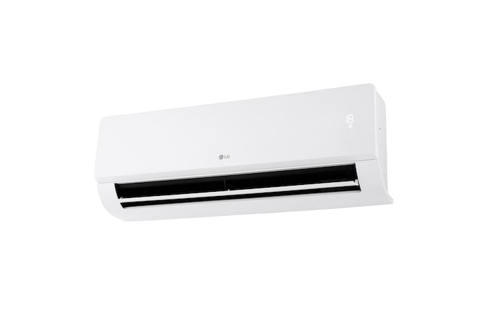 LG Libero Monosplit Smart Dualcool légkondicionáló elölnézete bal alsó szögből nyitott alsó lapáttal