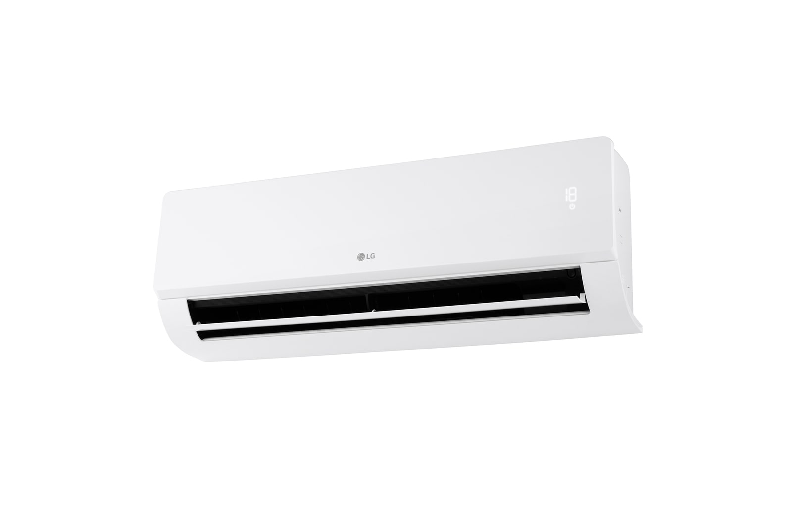 LG Libero Monosplit Smart Dualcool légkondicionáló elölnézete bal alsó szögből nyitott alsó lapáttal