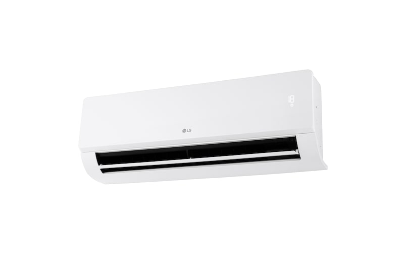 LG Libero Monosplit Smart Dualcool légkondicionáló elölnézete bal alsó szögből nyitott alsó lapáttal