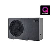 LG THERMA V levegő-víz hőszivattyú, fekete színű kültéri egység, szürke hullámos ráccsal díszítve
