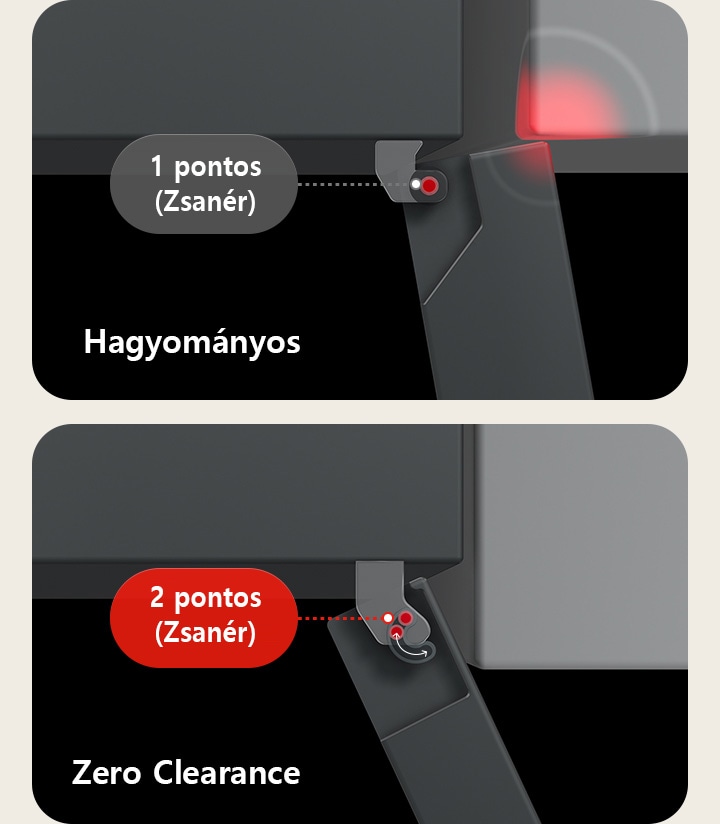 LG alulfagyasztós hűtő felülnézet: hagyományos zsanérral az ajtó falnak ütközik, Zero Clearance zsanérral szabadon nyílik.