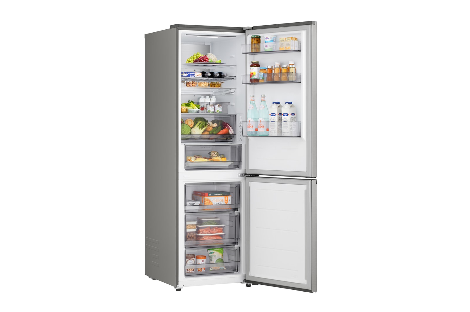 GBBS514CPY hűtő DoorCooling+ technológiával, bal oldali nézet, nyitott ajtóval élelmiszerekkel