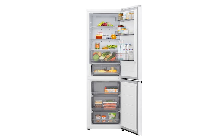 GBBSJ10ESW hűtőszekrény elölnézet, nyitott hűtő- és fagyasztóajtóval, élelmiszerekkel