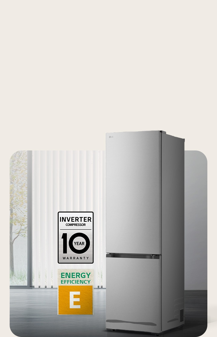 LG alulfagyasztós hűtő egy szobában, 10 éves Smart Inverter Kompresszor garancia és A energiahatékonyság ikonok.