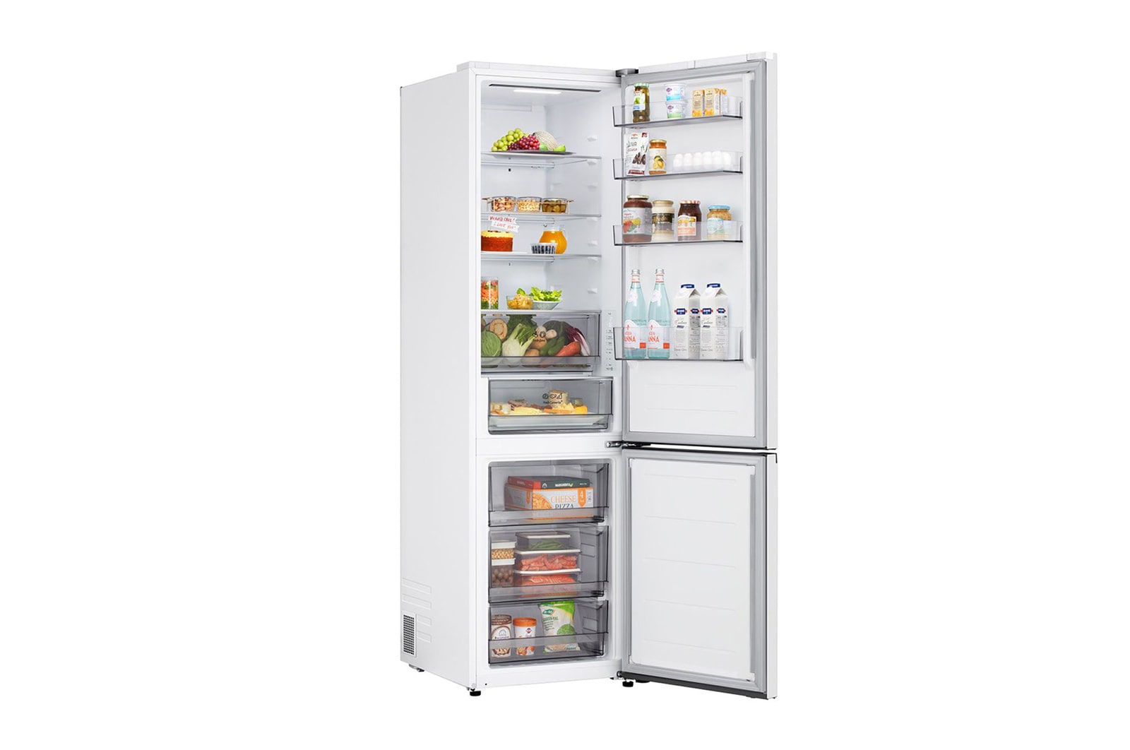 GBBSJ2CCSW hűtő, minden ajtó nyitva, élelmiszerekkel -15 fokkal elforgatva