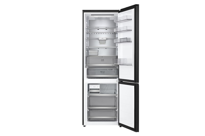 GBBW726CEV fekete alulfagyasztós hűtő, nyitott hűtő- és fagyasztóajtóval