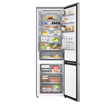 GBBW726CMB alulfagyasztós hűtő, nyitott hűtő- és fagyasztóajtóval, élelmiszerekkel