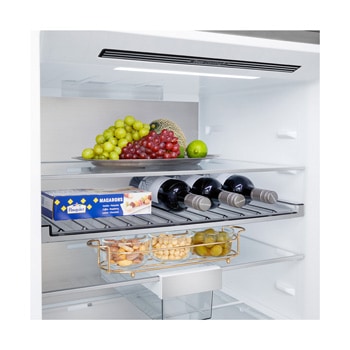 GBBW726CMB hűtő teljes szélességű bortartóval, My Box dobozzal, edzett üveg polcokkal, élelmiszerekkel