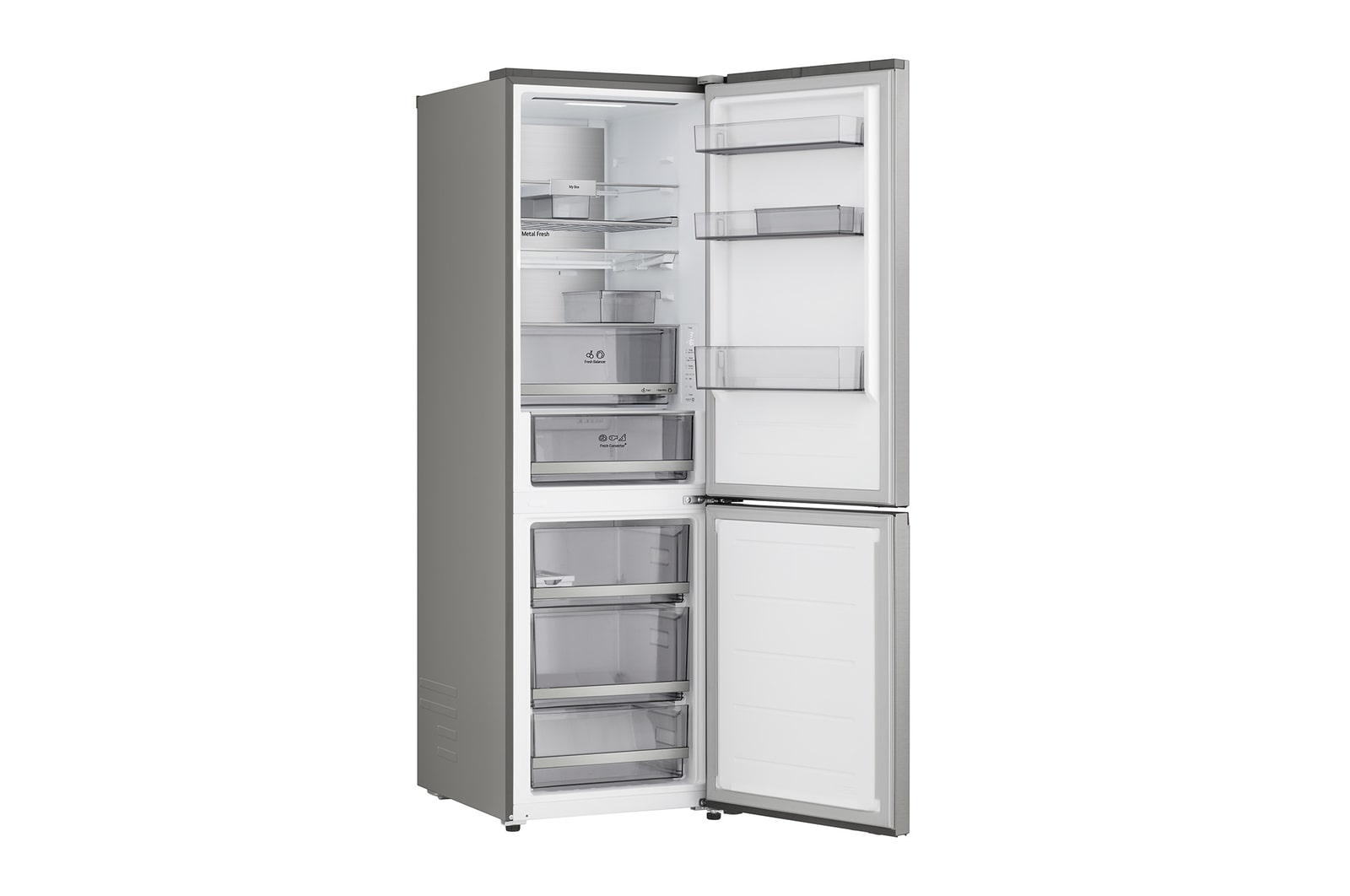 GBBS716CPY hűtő, enyhén elforgatva ajtóval jobbra, nyitott ajtóval