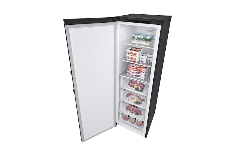 Bal oldali nézet, nyitott ajtóval élelmiszerekkel