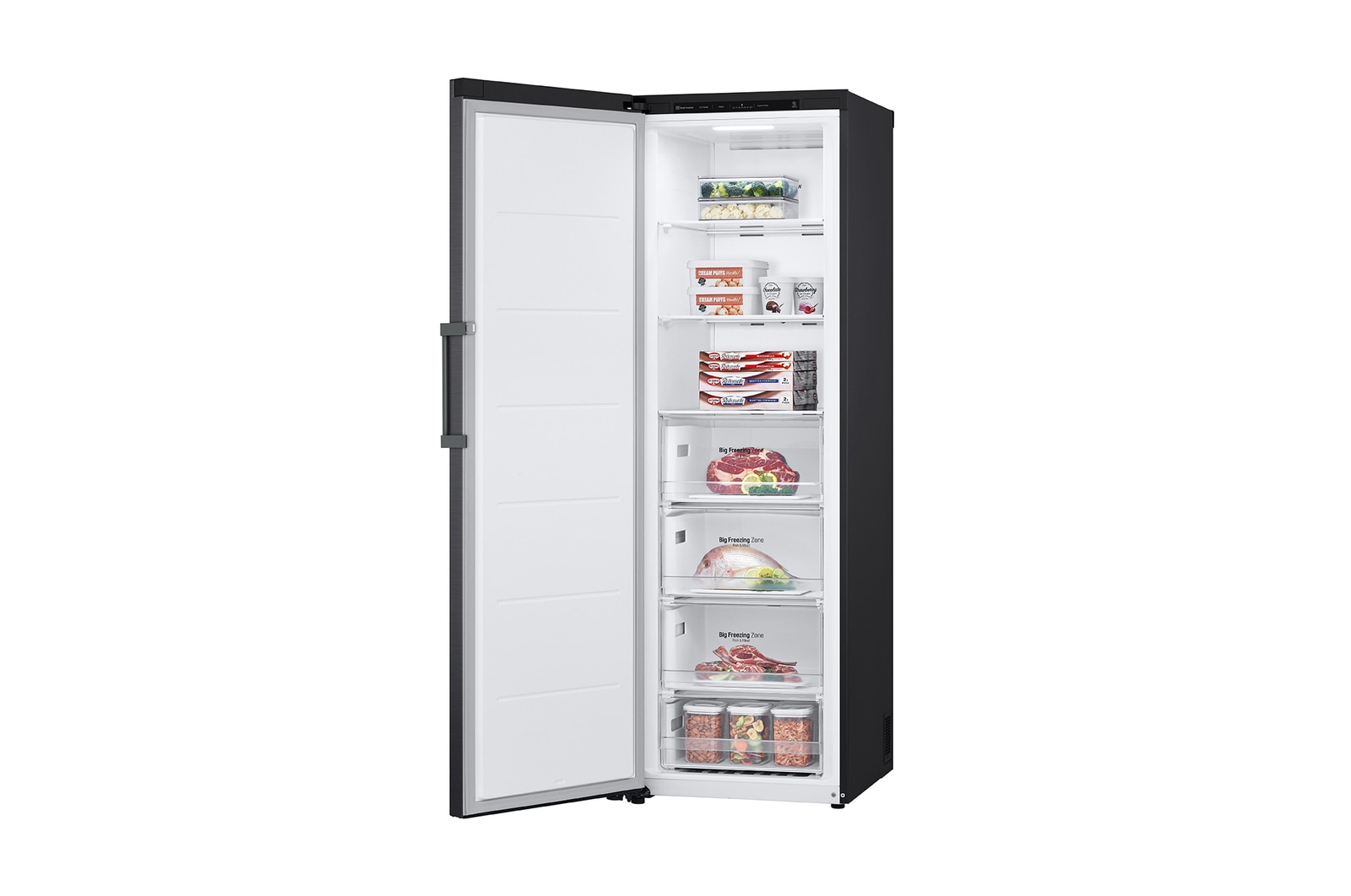 Bal oldali nézet, nyitott ajtóval élelmiszerekkel